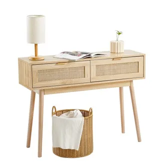 VEVOR Rattan-Konsolentisch mit 2 Schubladen, Rattan-Eingangstisch mit natürlicher Rattan-Schiebetür, Konsolen-Sofatisch für Wohnzimmer, Arbeitszimmer, Eingangsbereich oder Fernsehwand, Natur VEVOR Rattan-Konsolentisch mit 2 Schubladen, Rattan-Eingangstisch mit natürlicher Rattan-Schiebetür, Konsolen-Sofatisch für Wohnzimmer, Arbeitszimmer, Eingangsbereich oder Fernsehwand, Natur