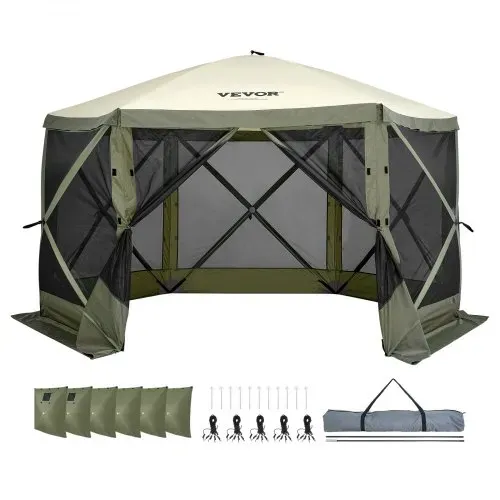 VEVOR Pop-Up-Pavillonzelt, Pop-Up-Zelt mit 6-seitigem Baldachin, Sonnenschutz mit 6 abnehmbaren Sichtschutz-Windtüchern und Netzfenstern, 12 x 12 Fuß, Schnellaufbau-Zelt mit Moskitonetz, Armeegrün – Bild 8