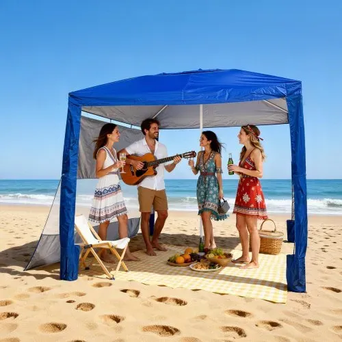 VEVOR Strand-Cabana, 2,4 x 2,4 m Strandzelt mit Seitenwand, UPF 50+ Sonnenschutz, Strandpavillon mit Sandsäcken, höhenverstellbarer & tragbarer Sonnenschutz für Familie und Freunde, Blau – Bild 7