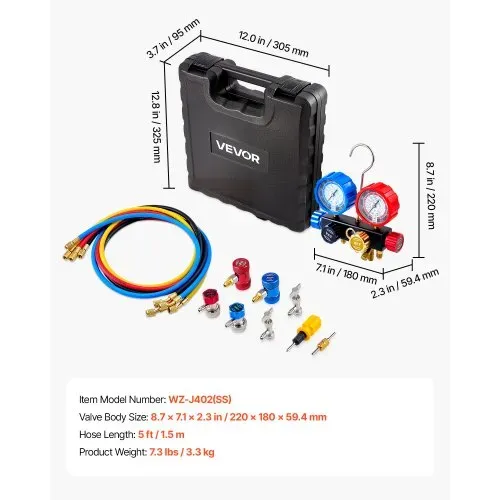 VEVOR AC Klimaanlagen-Manometer-Set für R134a/R404A/R1234yf/R22 Kältemittel, 4-Wege-Manometer mit 1,5-m-Schläuchen & Adaptern & Schnellkupplungen & Dosenanschlüssen Geeignet für Kfz-Klimaanlagen – Bild 6