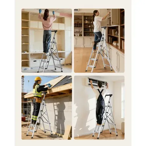 VEVOR Trittleiter 5 Stufen, Klappleiter mit Anti-Rutsch-Stufen & Komfortablem Handgriff, Haushaltsleiter Tragkraft 150 kg, Aluminium-Sicherheitsleiter für Küche, Lager, Haushalt & Büro, Silber – Bild 6