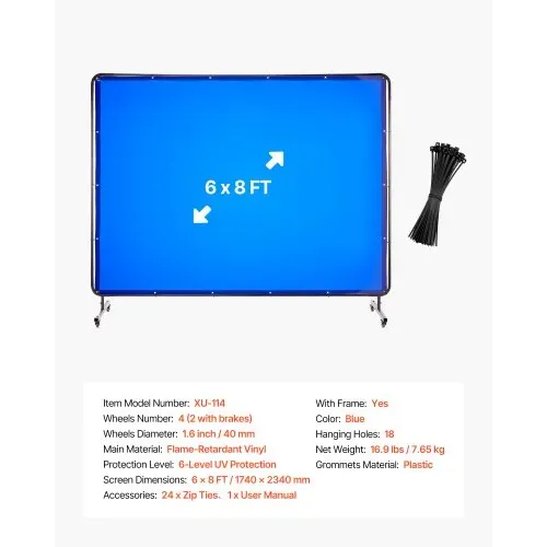 VEVOR Schweißvorhang, 1740x2340 mm Schweißschutzwand, flammhemmende Vinyl-Schweißschutzwand mit feststellbaren Schwenkrädern und 6-stufigem UV-Schutz für Werkstatt-/Industrieeinsatz, Blau – Bild 6