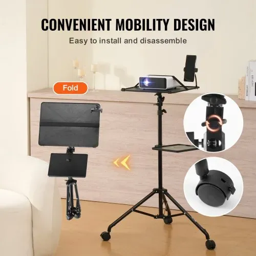 VEVOR Projektorständer mit Rädern Laptopständer-Stativ, höhenverstellbar von 795 bis 1710 mm, Projektor-Stativständer mit 2 Ablagen & Schwanenhals-Telefonhalterung, im Freien/Büro/Studio, zu Hause – Bild 4