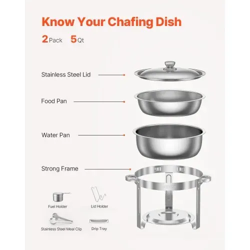 VEVOR Chafing Dish Buffet Speisenwärmer mit 2 Behältern in voller Größe (4,7 L pro), runder Catering-Wärmespender mit Deckel & Brennstoffhalter & Wasserpfanne, für Hochzeiten Partys Silber – Bild 5