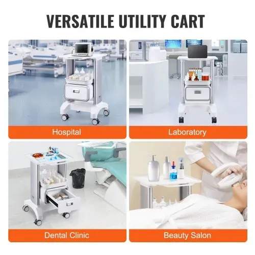 VEVOR Laborwagen mit 2 Ebenen, Laborwagen mit 1 Schublade und 1 oberem Tablett, mobiler medizinischer Wagen aus ABS-Material, Laborrollwagen mit 4 leisen Rädern für Labor, Klinik, Krankenhaus, Salon, weiß – Bild 5