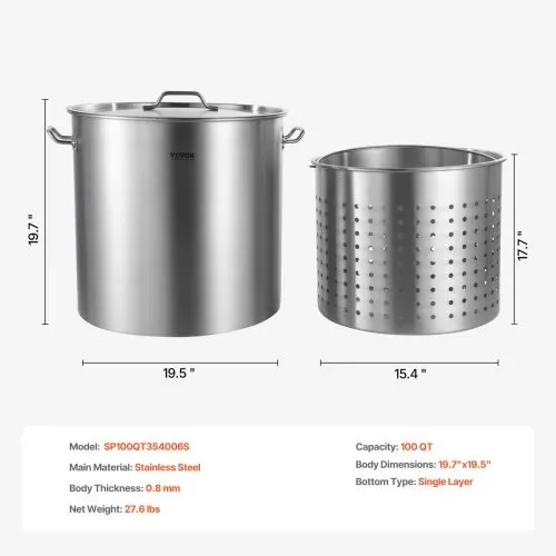VEVOR Suppentopf Edelstahl, 94,6 L Kochtöpfe Großraumtopf, Kochgeschirr-Saucentopf mit Korb & Deckel & Griff, Suppentopf in Handelsqualität, Schleifbehandlung, zum Dämpfen Kochen oder Braten – Bild 6