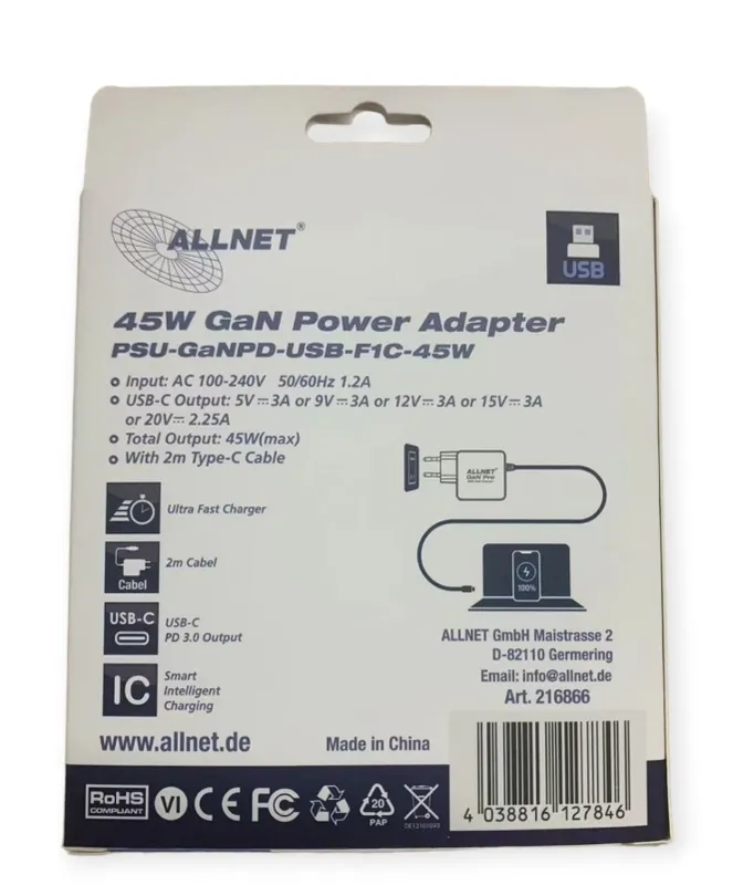 ALLNET Ersatznetzteil QC USB-C PD GaN Netzteil Power Supply 45 Watt 1x USB Typ-C mit 2m festem Kabel**EU PLUG** ALLNET Ersatznetzteil QC USB-C PD GaN Netzteil Power Supply 45 Watt 1x USB Typ-C mit 2m festem Kabel**EU PLUG**