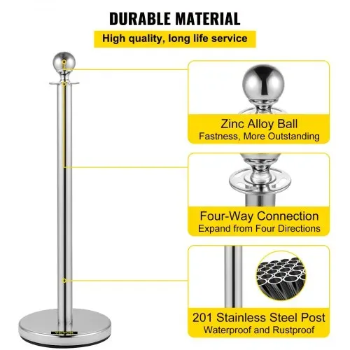 VEVOR Personenleitsystem 8 Ständer, 90 cm Gesamthöhe Absperrung, Abgrenzungsständer Leitpfosten, Absperrständer mit 1,5 M Länge Gürtel für Hochzeit Flughafen, Ständer aus Stahl und Eisen, Silber Rot – Bild 2