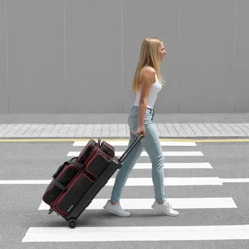 VEVOR Bowlingballtasche für 3 Bälle mit Doppelrollen & separatem Fach für Schuhe (bis US-Größe 16) & übergroßer Zubehörtasche, einziehbarer Griff lässt sich auf 105 cm ausziehen Schwarz + Rot – Bild 7