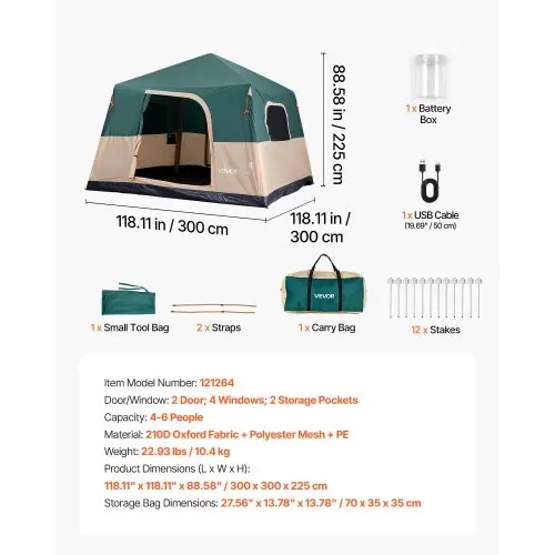 VEVOR Campingzelt 6 Personen, Aufblasbares Familienzelt mit Wiederaufladbarer Pumpe, TPU-Luftschlauch & 4 Netzfenstern, Kabinenzelt mit Tragetasche für Familien-Camping & Wandern, Grün – Bild 6