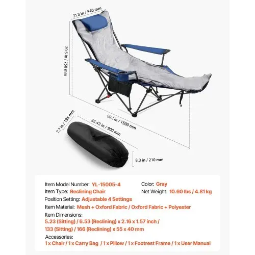 VEVOR Campingstuhl faltbar, Liegestuhl mit 4 verstellbaren Positionen, Relaxsessel Liege mit Getränkehalter, Strandstuhl mit Kopfstütze & Fußstütze, trägt 100 kg, für Outdoor Camping, blau – Bild 6