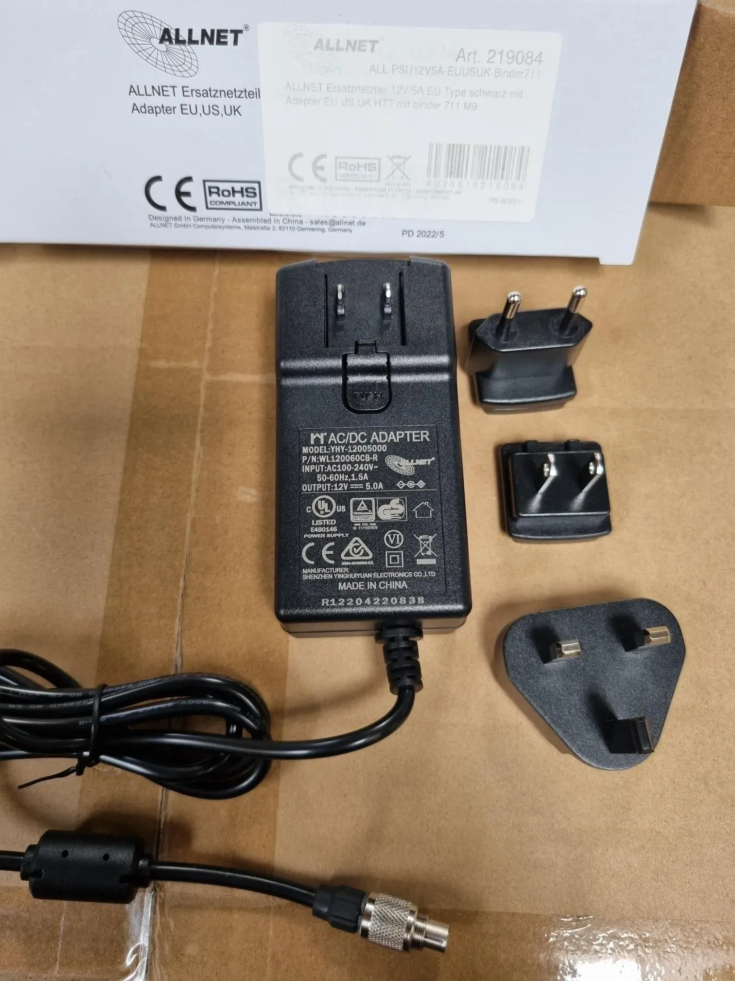 ALLNET Ersatznetzteil 12V/5A EU Type schwarz mit Adapter EU,US,UK HTT mit Binder 711 M9 – Bild 2