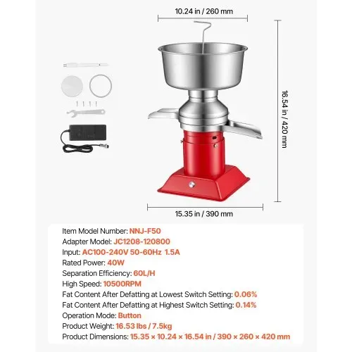 VEVOR Elektrischer Milchabscheider 40 W, 60 L/H Elektrische Milchzentrifuge mit Tastensteuerung, 10500 U/min Trennmaschine für Kuhmilch, Rahmseparator aus 304 Edelstahl mit 4,5L Milchtank für Küche – Bild 6