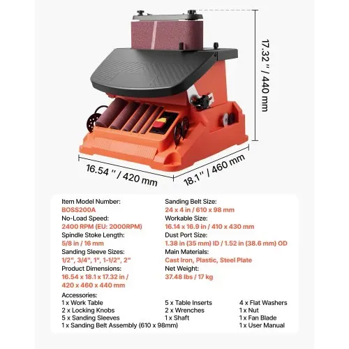 VEVOR Oszillierender Spindelschleifer, 2000 U/min Spindelschleifmaschine mit 16 mm Hub, 5 Hülsen (12,7–50,8 mm) & 610x98 mm Schleifband für Holzbearbeitung, Möbelschleifen, Heimwerkerprojekte – Bild 6