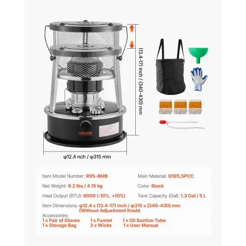 VEVOR 9000 BTU tragbarer Petroleumofen, 2-in-1 Heizofen mit Kochenfunktion, einstellbarer Höhe & Flamme, für Innenräume & Outdoor, Camping, Jagd, Kochen, Zuhause, Garage, Schwarz – Bild 6