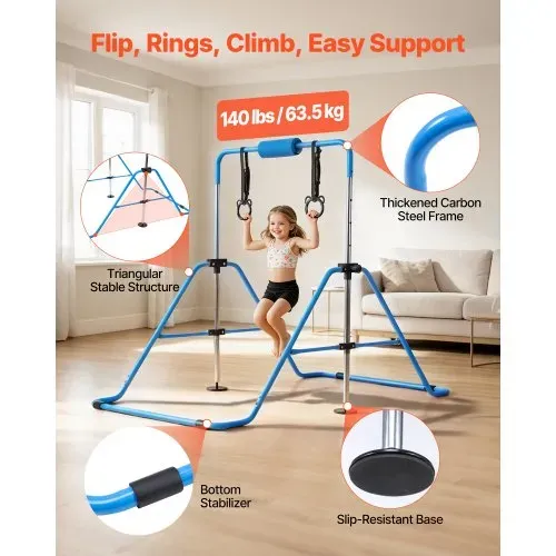 VEVOR Gymnastikstange für Kinder mit 63,5 kg Tragkraft, Klappbares Turnreck mit Turnringen, Höhenverstellbare Turnstange für Indoor- und Outdoor-Training, Heimtrainingsgerät für Kinderturnen, Blau – Bild 2