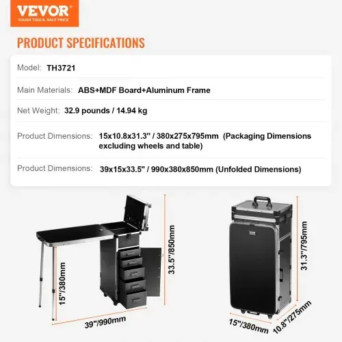 VEVOR Professioneller Make-up-Koffer aus Aluminium, Kosmetikkoffer, Werkbank mit Stützbeinen, Roll-Make-up-Koffer, extragroßer Trolley, Make-up-Reise-Organizer, mit 360° drehbaren Rädern, schwarz – Bild 6