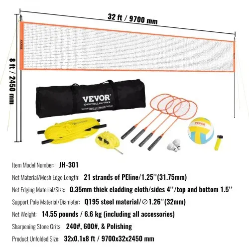 VEVOR Volleyballnetz Höhenverstellbares Badmintonnetz, 91,44 x 970 cm Tragbarer Beachvolleyball-Netz, Orange Volleyballnetz Faltbare Volleyballnetz mit Volleyball & Tragetasche & Badmintonschläger – Bild 6