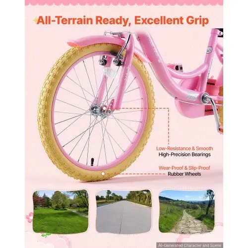 VEVOR Kinderfahrrad 20 Zoll Straßenfahrrad für 7-13 Jahre mit Ständer Rosa, Kinderrad aus Kohlenstoffstahl für Mädchen, Prinzessin-Stil, Doppelbremsen, Sattel & Lenker Verstellbar, mit Puppensitz Korb – Bild 5