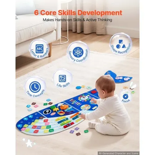 VEVOR Montessori Busy Board 12-in-1 Faltbares Wandmotorikbrett aus Filz Wal, Sensorisches Spielzeug zur Bildung & Frühe Entwicklung für Kinder, mit Zahlen Buchstaben Tieren Formen Uhr & Lernelementen – Bild 2