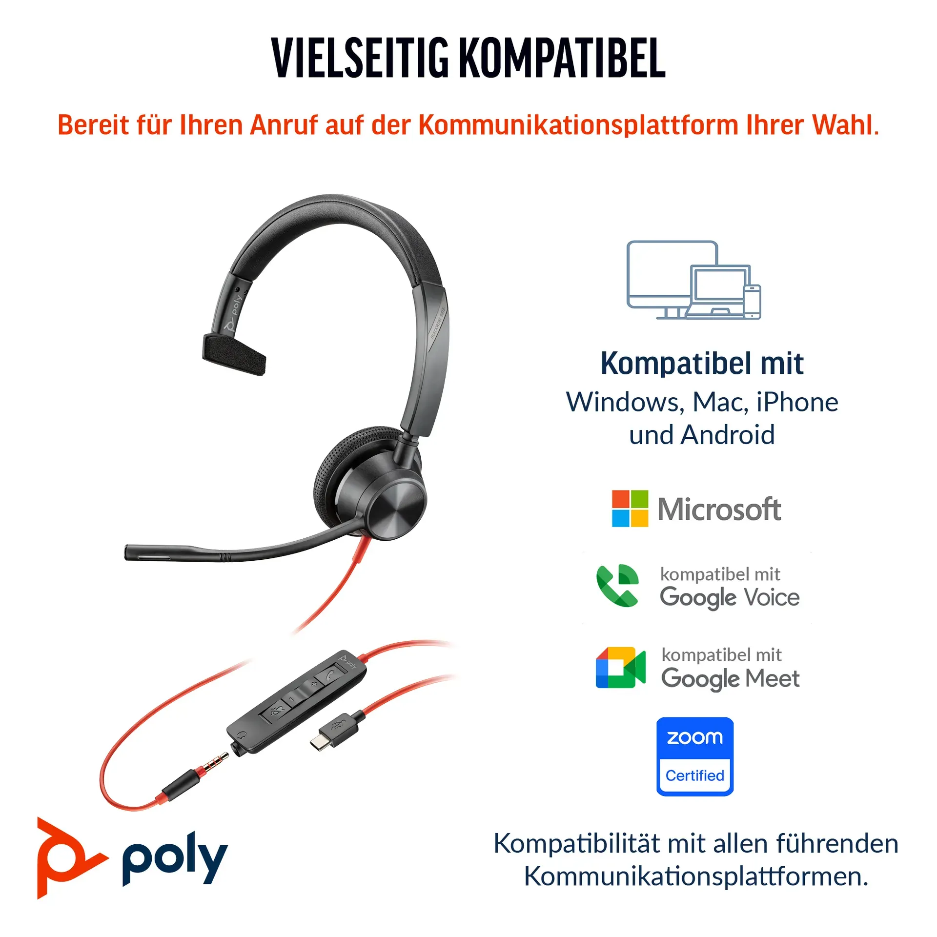 HP Poly Blackwire 3315 Monaurales USB-C-Headset, zertifiziert für Microsoft Teams, + 3,5-mm-Stecker + USB-C/A-Adapter – Bild 4