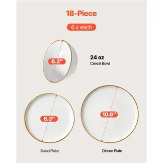 VEVOR Geschirrset für 6 Personen (18-tlg.) runde Teller- und Schüssel-Sets, Essgeschirr aus Keramik, spülmaschinen- und mikrowellengeeignetes Küchengeschirr, für Dessert Salat Suppe Pasta, weiß VEVOR Geschirrset für 6 Personen (18-tlg.) runde Teller- und Schüssel-Sets, Essgeschirr aus Keramik, spülmaschinen- und mikrowellengeeignetes Küchengeschirr, für Dessert Salat Suppe Pasta, weiß