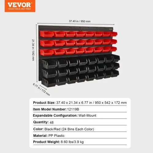 VEVOR Stapelboxen, 48-Behälter-Teileregal-Organizer für Garage, Kunststoff-Ladenwerkzeug mit Wandpaneelen, Werkzeug-Organizer für Muttern, Bolzen, Schrauben, Nägel, Perlen, Knöpfe, Schwarz und Rot – Bild 6