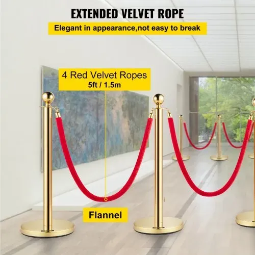 VEVOR Personenleitsystem 8 Ständer, 90 cm Gesamthöhe Absperrung, Leitpfosten Abgrenzungsständer, Absperrständer mit 1,5 M Länge Gürtel für Airport Flughafen, Ständer aus Stahl und Eisen, Gold Rot – Bild 3