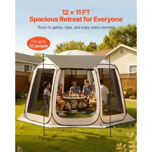 VEVOR Campingzelt, 365,76x335,28x230 cm, Pop-up-Zelt mit ausziehbarer Markise, Partyzelt für 10–12 Personen, inkl. Tragetasche & Netz-Seitenwände, für Terrasse & Outdoor-Aktivitäten, Beige – Bild 2