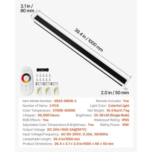 VEVOR Wandleuchten, 2er-Pack, 100 cm lange moderne RGB-Außenwandleuchten, 2700 K-6000 K, IP65 wasserdicht, rostfrei, dimmbar, Wand Licht für Haus, Veranda, Garage, Garten, Terrasse – Bild 6