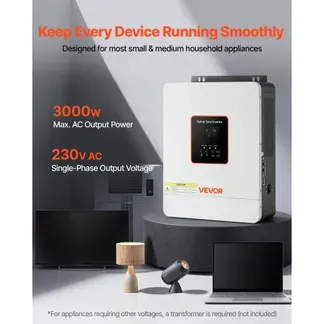 VEVOR 3000W Hybrid-Wechselrichter, 24V DC auf 230V AC, mit integriertem 80A MPPT-Solarladeregler, kompatibel mit Blei-Säure-& Lithiumbatterien, für Zuhause, RV & netzunabhängige Systeme VEVOR 3000W Hybrid-Wechselrichter, 24V DC auf 230V AC, mit integriertem 80A MPPT-Solarladeregler, kompatibel mit Blei-Säure-& Lithiumbatterien, für Zuhause, RV & netzunabhängige Systeme