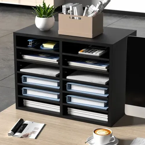 VEVOR Briefablage Schreibtisch Organizer 520 x 305 x 410 mm, 2,3–5,6 cm Einstellbar A4 Stapelbar Quer, Papierablage, Aufbewahrung Schreibtisch Ablagesystem Organisation, Ablage (Schwarz, 2 x 6 Fächer) – Bild 7