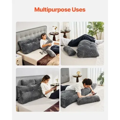 VEVOR Kopfteilkissen Keilkopfteilkissen Keilkissen (Queen Size) mit 2 Seitentaschen & 2 Kopfstützen, Bettkeilkissen mit waschbarem Flanelltuch, zum Lesen Spielen Arbeiten Grau (1510 x 205 x 530 mm) – Bild 5