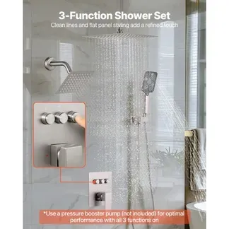 VEVOR Duschsystem-Set mit 12 Zoll Regenduschsystem / 6 Zoll Wandmontagekopf / 4 in 1 Handbrause, drehbarer Doppelregenkopf (3 Funktionen), Messingventil und Verkleidungssatz, gebürstetes Nickel VEVOR Duschsystem-Set mit 12 Zoll Regenduschsystem / 6 Zoll Wandmontagekopf / 4 in 1 Handbrause, drehbarer Doppelregenkopf (3 Funktionen), Messingventil und Verkleidungssatz, gebürstetes Nickel