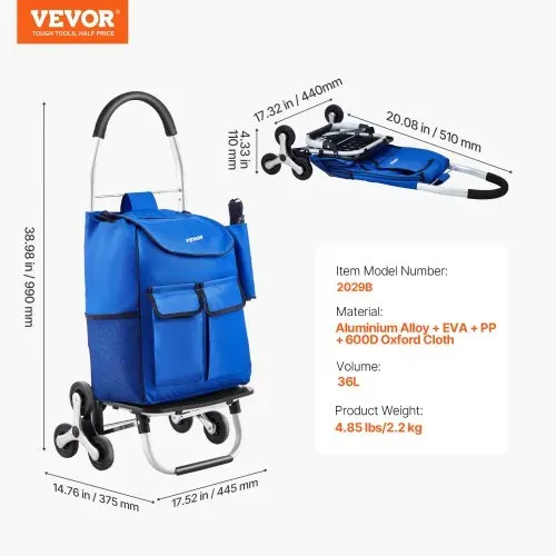 VEVOR faltbarer Einkaufswagen, 445 x 375 x 990 mm, Sackkarre zum Treppensteigen mit 6 Rädern, Aufbewahrungstasche aus Oxford-Stoff, zum Einkaufen, Büro, Umzug, Transport, im Freien, Wäsche – Bild 6