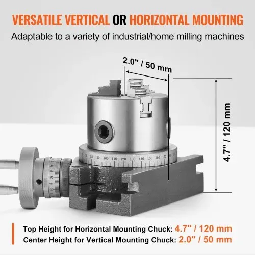 VEVOR Drehtisch für Fräsmaschinen, 100mm, horizontales vertikales Modell, Präzisionsfräsdrehtisch, mit 80mm 3-Backenfutter, M10-T-Bolzenmuttern, für Frästechnik-Indizierungswerkzeuge – Bild 4