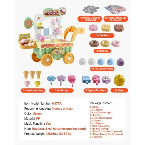 VEVOR Eiswagen, 27-teiliges Zubehör, Eisdiele aus PP, Eisladen mit Aufbewahrungswagen mit Spielgeld, Ton- und Lichteffekten, Montessori-Lernspielzeug, Rollenspiel für Kleinkinder ab 3 Jahren – Bild 6