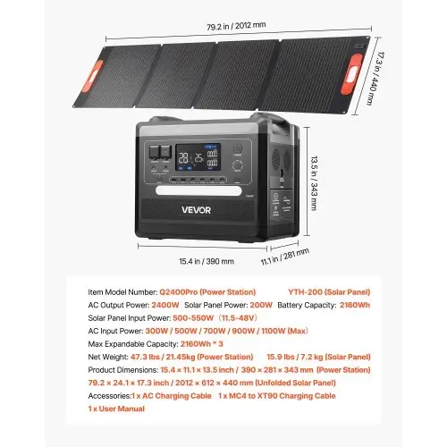 VEVOR Tragbare Powerstation, 2400-W-Solargenerator mit Faltbarem 200-W-Solarpanel, Erweiterbarem 2160-Wh-LiFePO4-Akku, 10 Ausgängen & Einstellbarer Eingangsleistung für Zuhause, Camping & RV – Bild 6
