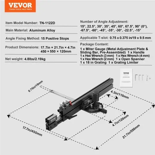 VEVOR Gehrungsanschlag, Standardschlitz 19 x 10 mm, Aluminiumlegierung mit 48-89 cm Rasterung, 15 Winkelanschlägen, verstellbarem Kolben und abnehmbarer Scheibe, für die Holzbearbeitung – Bild 6