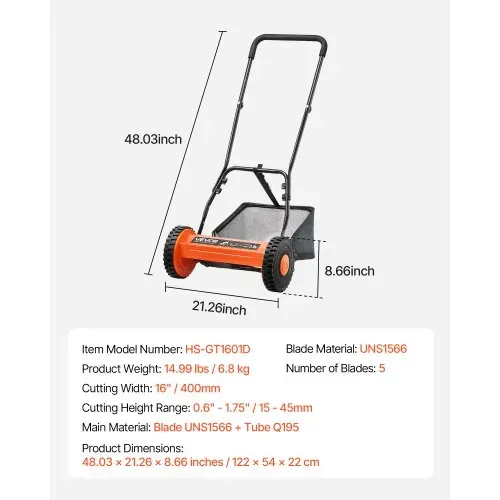 VEVOR Spindelmäher mit 400 mm Schnittbreite, Rasenmäher 15-45 mm einstellbare Schnitthöhe, Handmäher mit 5 Klingen und Grasfangsack, ideal für Rasenflächen, Einfahrten, Innenhöfe – Bild 6