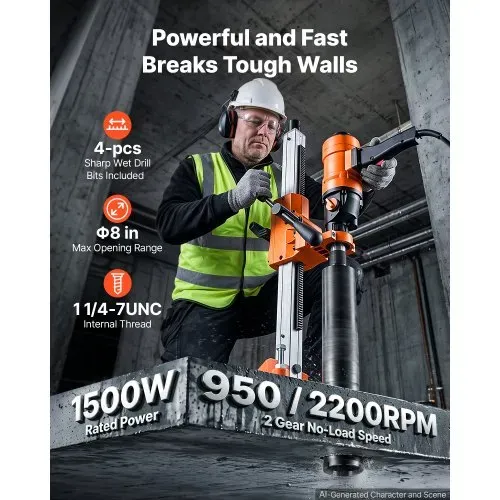 VEVOR Diamant Kernbohrmaschine 1500 W Kernbohrgerät Trocken/Nass max. 200 mm, für Beton Keramikfliesen Ziegel Asphalt Marmorböden, 4 Bohrer, 2-in-1 Hand-/Stativgerät, 1000/2300 U/min, UNC1 1/4–7 Gewinde VEVOR Diamant Kernbohrmaschine 1500 W Kernbohrgerät Trocken/Nass max. 200 mm, für Beton Keramikfliesen Ziegel Asphalt Marmorböden, 4 Bohrer, 2-in-1 Hand-/Stativgerät, 1000/2300 U/min, UNC1 1/4–7 Gewinde