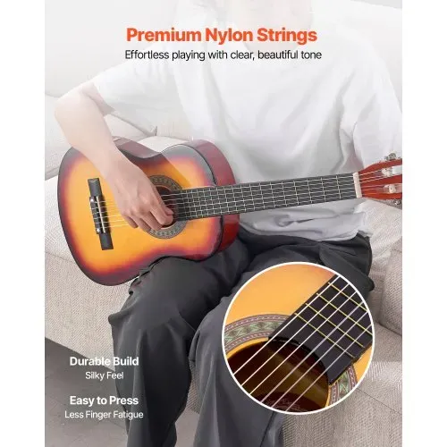VEVOR Konzertgitarre, 780 mm, Holz-Klassikgitarren-Starter-Set für Anfänger, mit Nylonsaiten, Gigbag, Gurt, Stimmgerät, zusätzlichen Saiten, Plektrum, Kapodaster, Linde, für Einsteiger, Sunburst – Bild 2