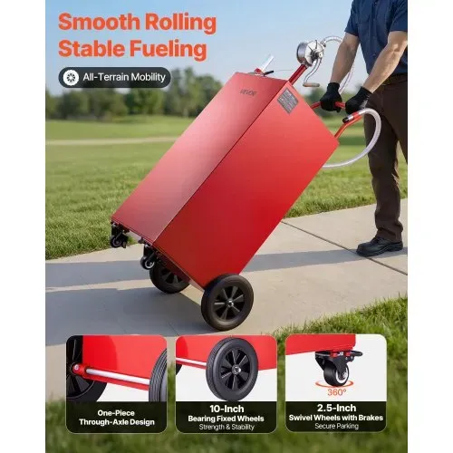 VEVOR 189,3L Kraftstofftrolley Mobile Tankanlage mit Manueller Pumpe Rot, Kohlenstoffstahl, Mit 4 Rollen & 3m PVC-Schlauch, Max. 17,8L/min Durchfluss, Benzin & Diesel, Ideal für Auto Rasenmäher Boot – Bild 3