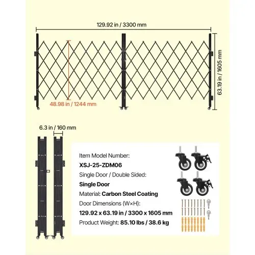 VEVOR Sicherheitstor abschließbar, doppelt klappbares Scherentor mit 360°-Lenkrollen, einziehbare Stahltore Outdoor, für Eingangssicherheit Garage Lager, Falttor 3300 x 1605 mm (B x H) Schwarz – Bild 6