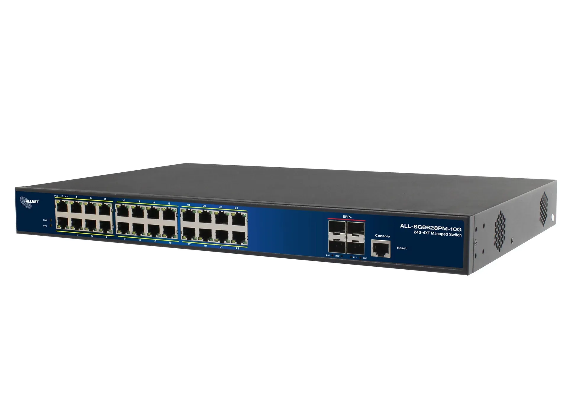 ALLNET Switch full managed Layer2+ 24 Port • 24x GbE • PoE Budget 370W • 24x PoE at • 4x SFP+ • 19″ • JSON API • ALL-SG8628PMJ-10G ALLNET Switch full managed Layer2+ 24 Port • 24x GbE • PoE Budget 370W • 24x PoE at • 4x SFP+ • 19″ • JSON API • ALL-SG8628PMJ-10G