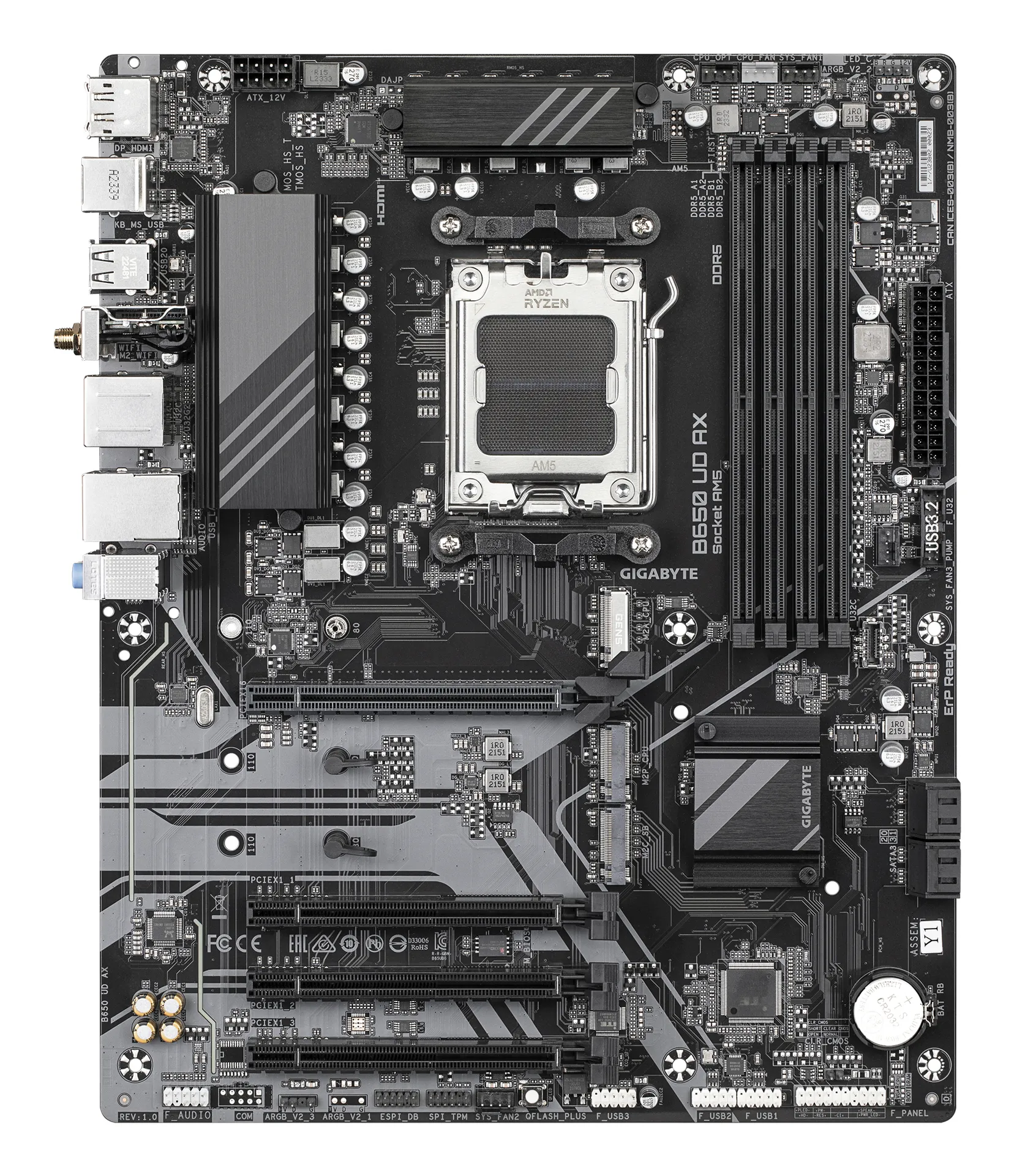 GIGABYTE B650 UD AX Motherboard - Unterstützt AMD Ryzen 9000 Serie CPUs, 6+2+2 Phasen VRM, bis zu 7600MHz DDR5 (OC), 1x PCIe 5.0 + 2x PCIe 4.0 M.2, GbE LAN, Wi-Fi 6, USB 3.2 Gen 2 – Bild 2
