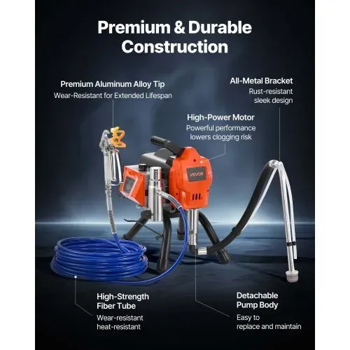 VEVOR Airless-Farbspritzgerät Sprühgerät 1500 W 3300 psi, 2,65 L/min Farbsprühsystem mit Reinigungsbürste & Schlauch & Verlängerungsstange & Düsen, Farbsprühgerät für Wohnungen, Gebäude – Bild 5