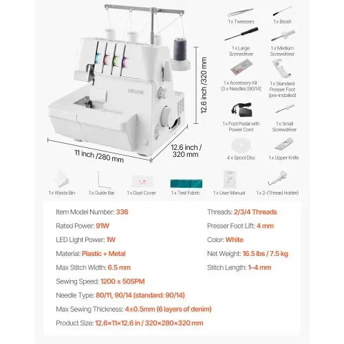 VEVOR Overlock-Nähmaschine, 1250 Stiche pro Minute, 2-3-4-Faden-fähig, einstellbarer Differentialtransport (0,7-2), mit Freiarm und LED-Beleuchtung, Nähmaschine für verschiedene Stoffe, Weiß – Bild 6