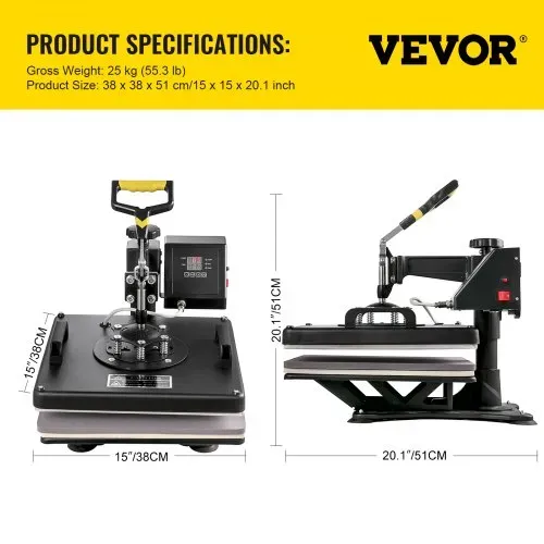 VEVOR 5 in 1 Heißpresse Transferpresse für Textiltransferpresse Textilpresse mit Plattenpresse von 38 x 38 cm Textildruckpresse von 1000 w Geeignet für – Bild 4