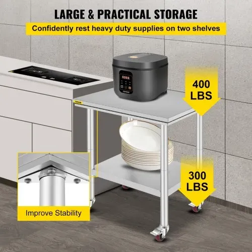VEVOR Arbeitstisch 76 x 60 x 85 cm Edelstahl Catering Arbeitstisch Belastbarkeit 317 kg, Lebensmittel Zubereitungstisch mit Nachlauf gewerblicher Küchentisch für Küche Bar rollbar – Bild 3